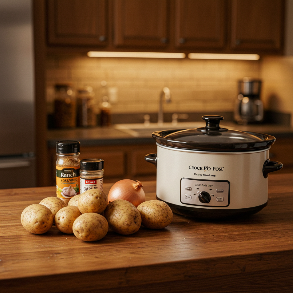 Fresh potatoes, onions, ranch seasoning packet, garlic powder, and a Crock Pot on a wooden countertop