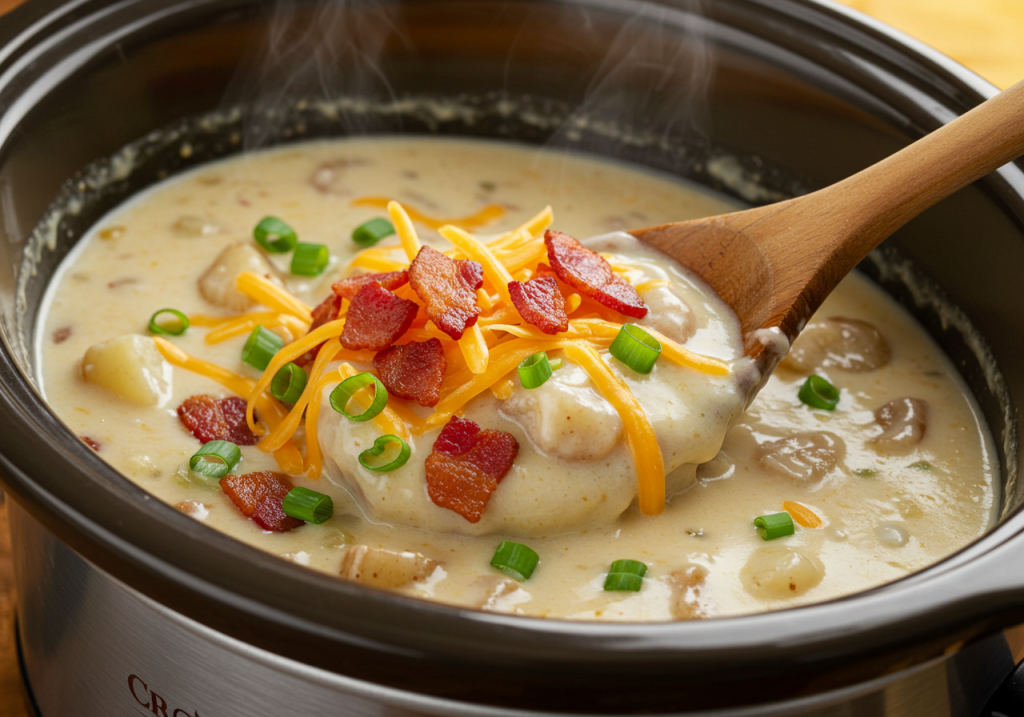 Creamy potato soup with bacon and cheddar cheese being stirred in a Crock Pot