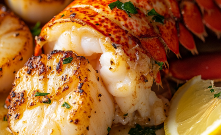 Close-up photo of a Butter-Basted Lobster Tail with Seared Scallops, served on a white plate with a garnish of fresh parsley. The lobster tail is golden and glossy, with scallops perfectly seared to a crisp golden-brown crust, surrounded by a drizzle of melted butter and lemon juice.