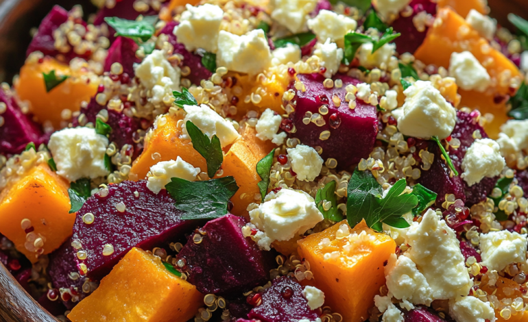 A vibrant Beet and Sweet Potato Salad with Quinoa and Feta, topped with crumbled feta and fresh parsley, served in a rustic bowl with a side of dressing.