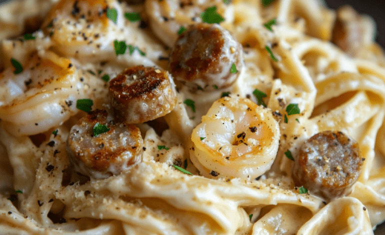 Plate of Cajun Shrimp and Sausage Alfredo Pasta with creamy sauce, smoky sausage, and succulent shrimp, garnished with fresh parsley, served in a rustic setting with warm natural lighting.