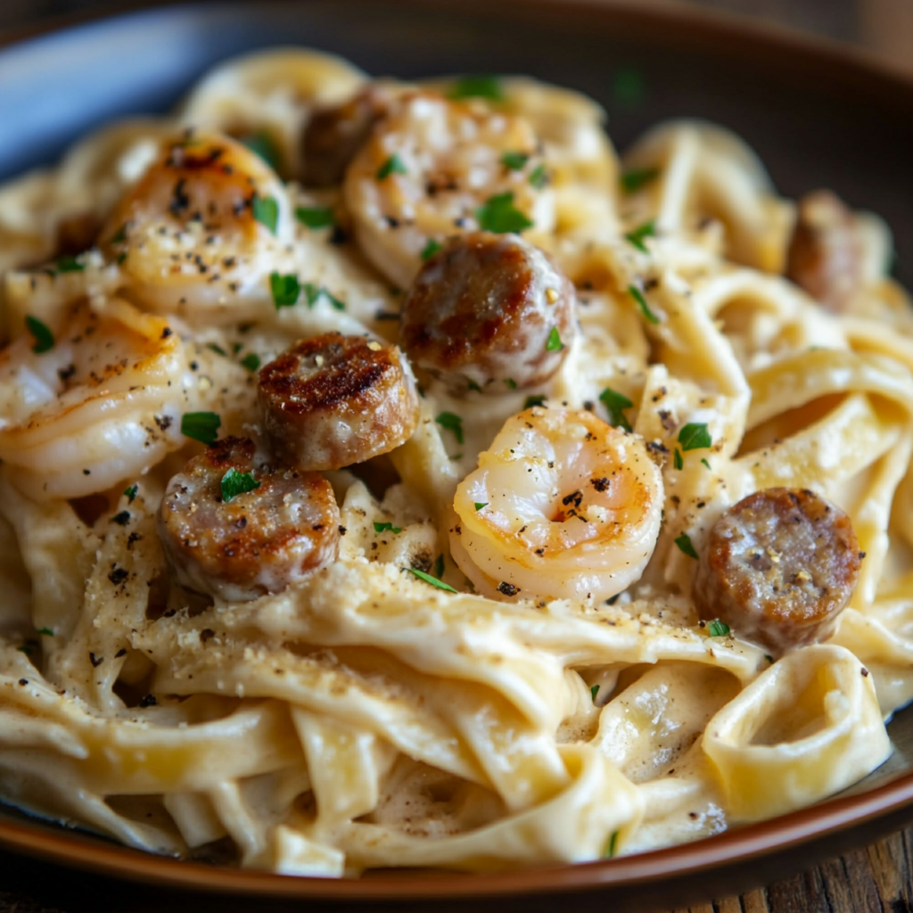 Plate of Cajun Shrimp and Sausage Alfredo Pasta with creamy sauce, smoky sausage, and succulent shrimp, garnished with fresh parsley, served in a rustic setting with warm natural lighting.