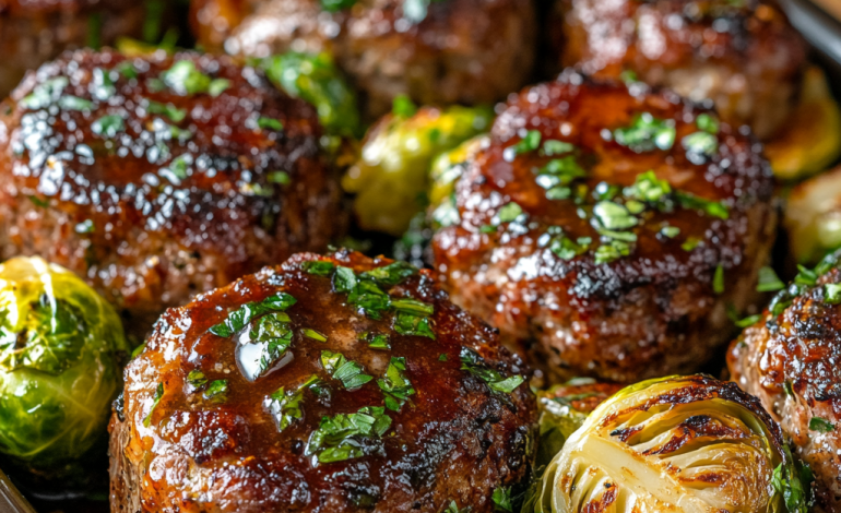 Sheet Pan Pork Meatloaves with Maple Dijon Glaze and Brussels Sprouts, perfectly roasted and served on a rustic wooden plate with crispy edges.