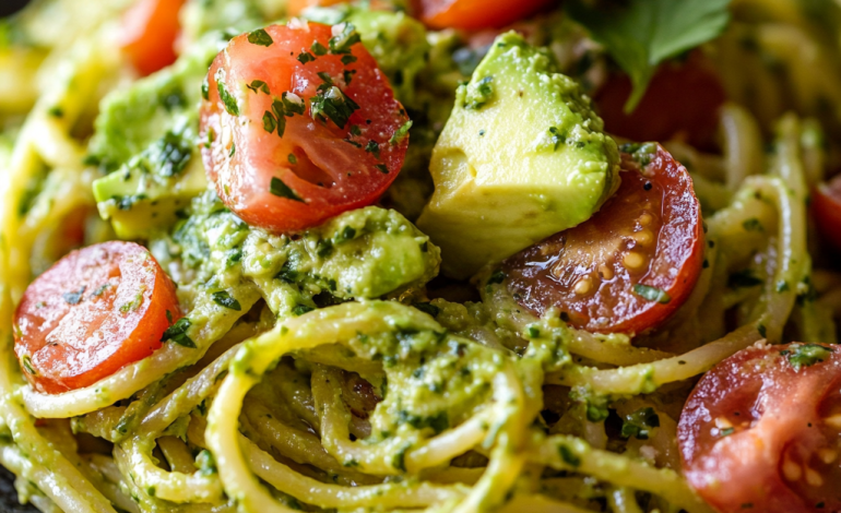 A close-up photo of Taco Spaghetti with Creamy Avocado Dressing. The spaghetti is coated in a vibrant avocado dressing, topped with diced tomatoes, cilantro, and a squeeze of lime. The creamy green sauce contrasts beautifully with the pasta, making the dish look fresh and appetizing. The setting includes a rustic kitchen table, adding to the casual, homemade feel of the meal.