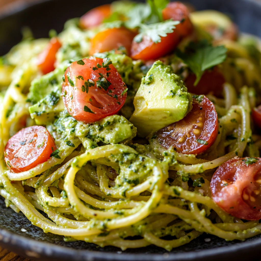 A close-up photo of Taco Spaghetti with Creamy Avocado Dressing. The spaghetti is coated in a vibrant avocado dressing, topped with diced tomatoes, cilantro, and a squeeze of lime. The creamy green sauce contrasts beautifully with the pasta, making the dish look fresh and appetizing. The setting includes a rustic kitchen table, adding to the casual, homemade feel of the meal.