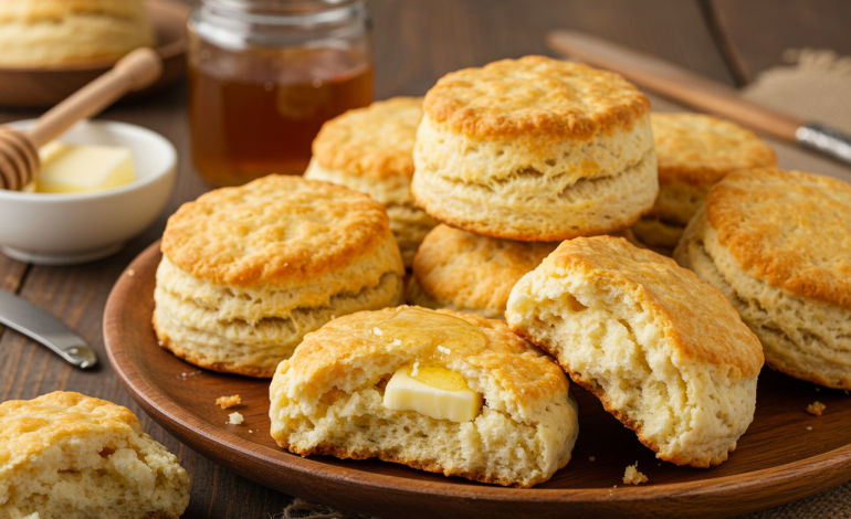 Golden, flaky homemade biscuits fresh out of the oven