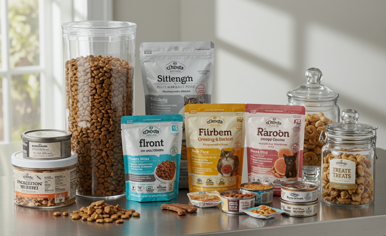 Pet Nutrition and Diet, A selection of pet foods, including kibble, wet food, and treats.