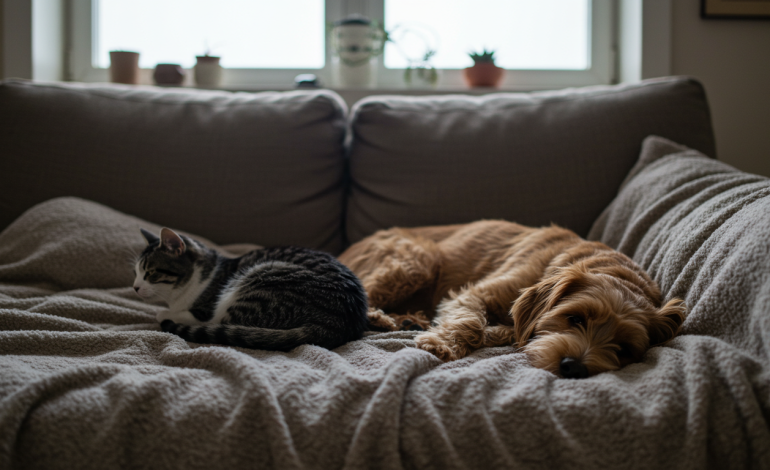 A cat and dog resting peacefully on a soft blanket in a cozy living room Cat vs. Dog