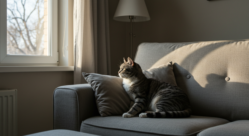 A peaceful living room featuring a relaxed, independent cat resting on a soft sofa by a window. The serene atmosphere and neutral decor create the perfect environment for a cat that enjoys solitude. Ideal for people deciding between a cat or dog as a pet