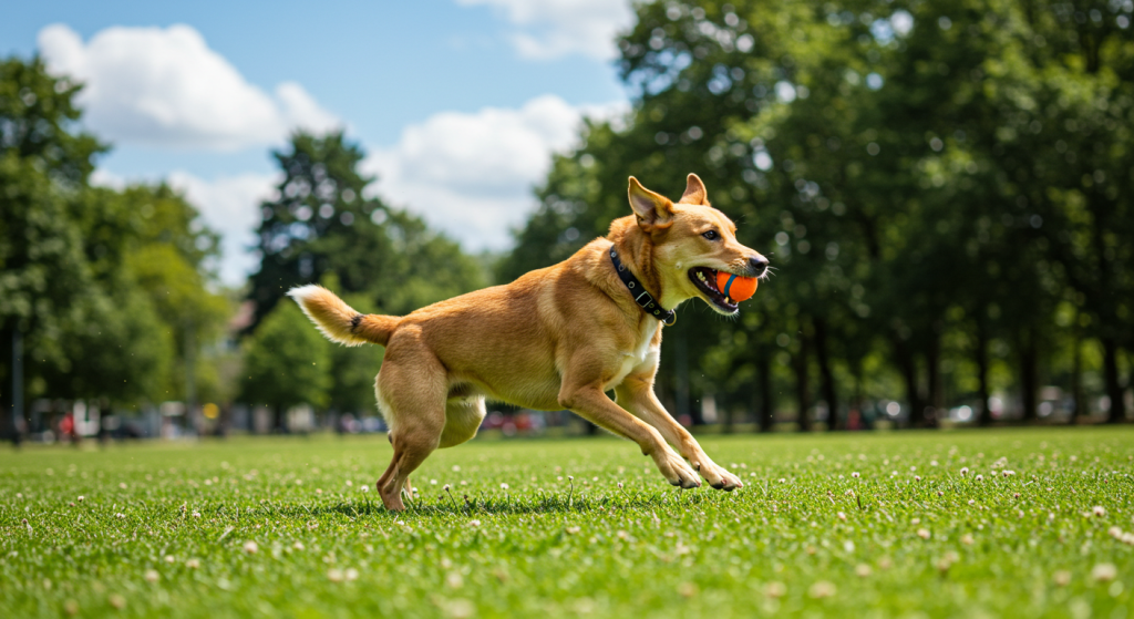 A playful dog energetically chasing a ball in an open park. The scene conveys the active and joyful nature of dogs, making them ideal companions for people who enjoy outdoor activities. Discover the exciting life a dog offers in the 'Cat vs. Dog' comparison.