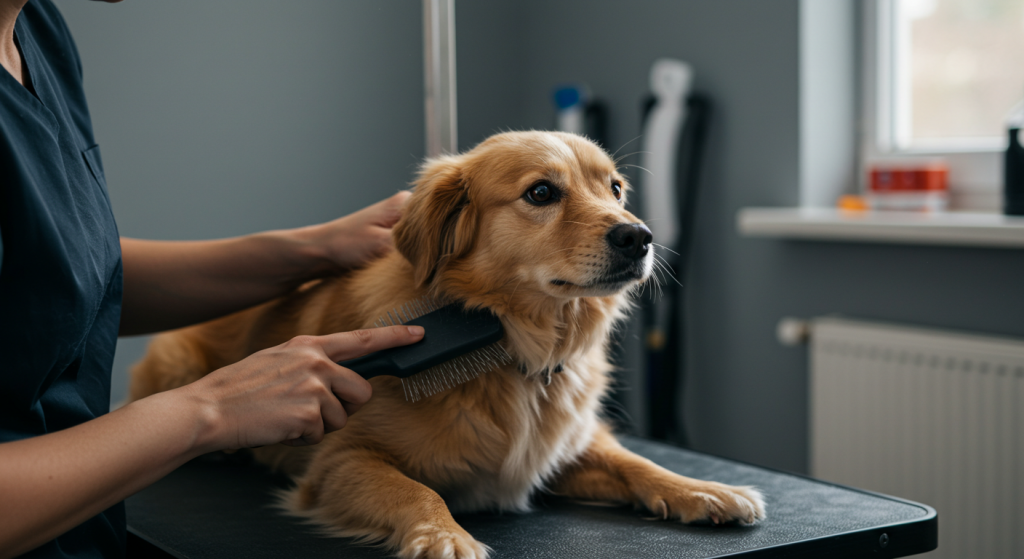 A heartwarming scene of a person grooming their dog in a well-lit, tidy room. The mutual enjoyment of the grooming session emphasizes the bonding experience between humans and dogs. Perfect for those deciding between a cat or dog for companionship