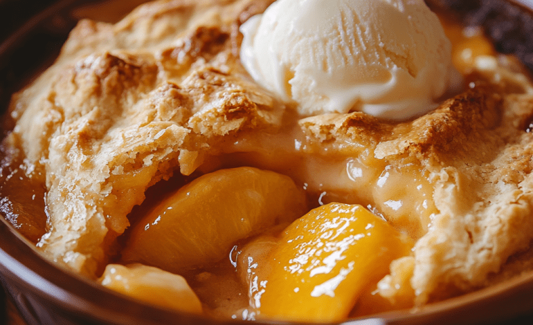 Close-up of a freshly baked peach cobbler, golden and bubbling with a buttery, crumbly topping and juicy peach filling.