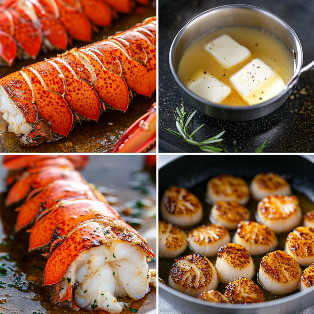 step by step of lobster tail with seared scallops recipe